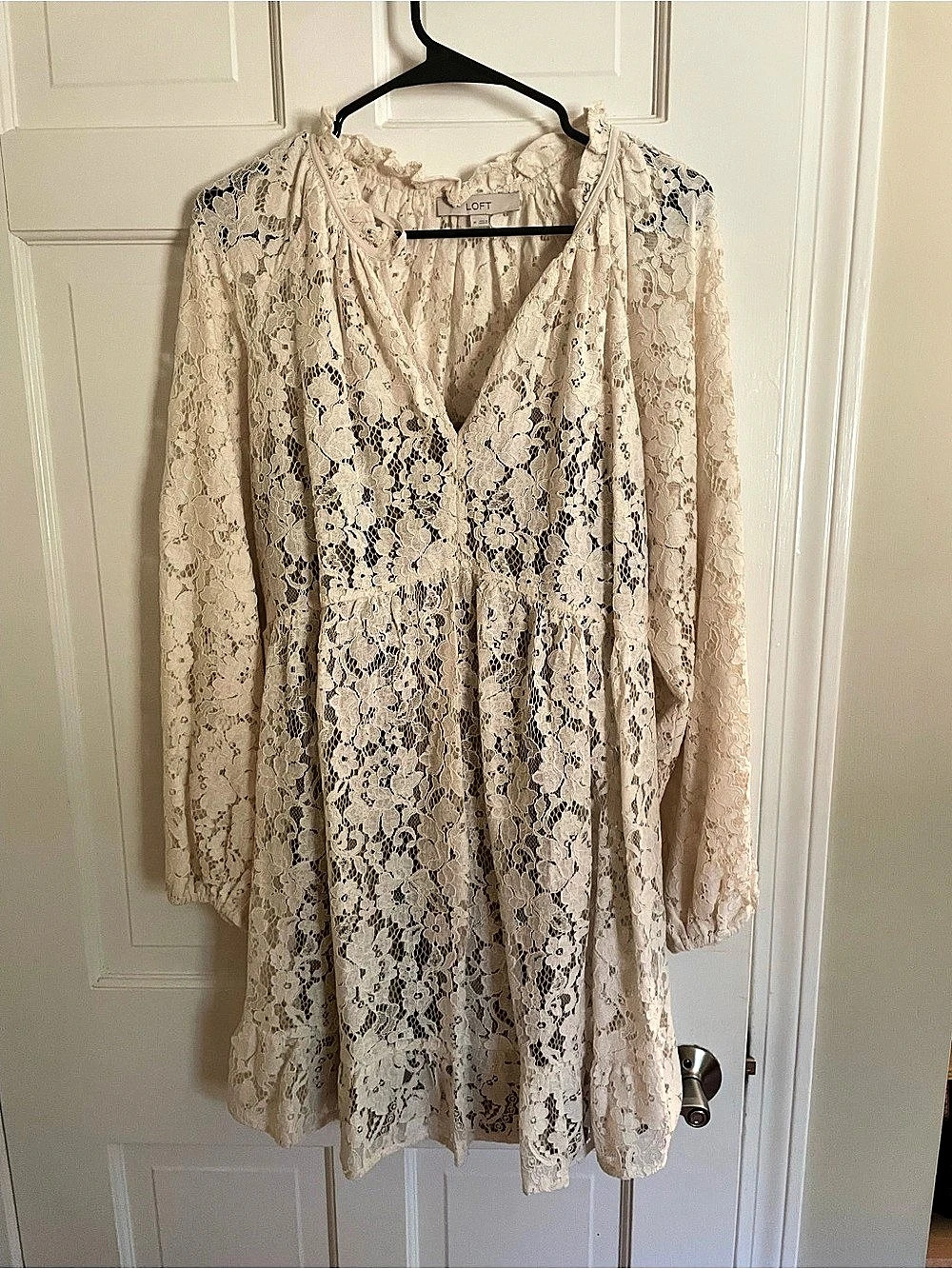 LOFT Floral Lace Tie Neck Mini Dress Cream Medium